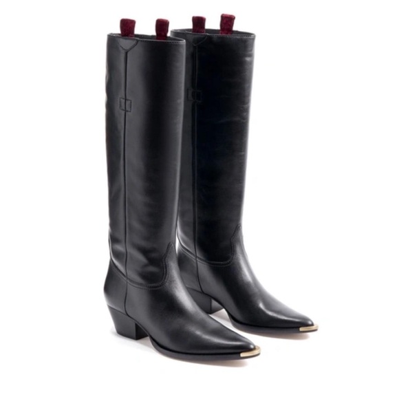 SCHUTZ Black Heeled Boots with Red Accents - Picture 1 of 8